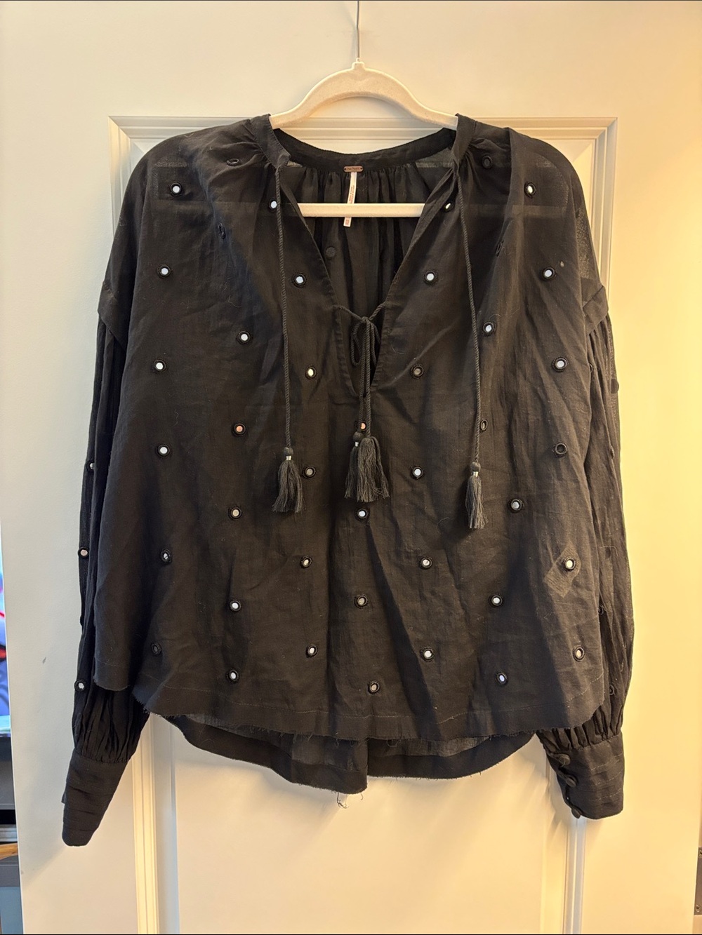 Free People Black Tassel Tie Peasant Blouse with mirrored Accents